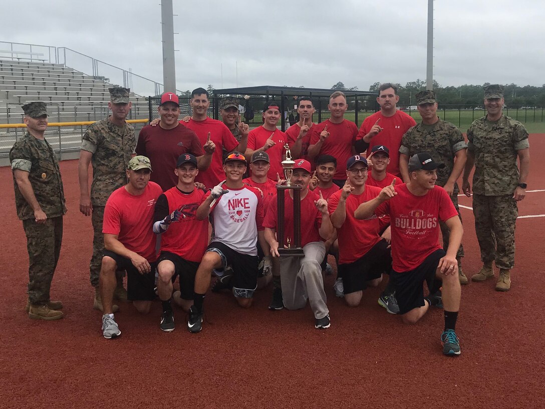 U.S. Marines with 2nd Maintenance Battalion, 2nd Marine Logistics Group (MLG), and 8th Engineer Support Battalion, 2nd MLG, participate in a softball competition at Camp Lejeune, North Carolina, June 12, 2019. The Big Six Softball Championship was the second of three events held by the MLG this year. (U.S. Marine Corps photo by courtesy asset)