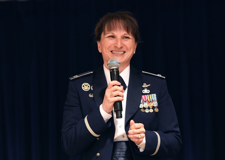 Col. Jennifer Grant, 50th Space Wing commander, gives a speech at Airman Leadership School class 19-5’s graduation at Peterson Air Force Base, June 13, 2019. Airman Leadership School is a five-week course focused around building leadership and communication skills to mold Airmen into leaders. (U.S. Air Force photo by Dennis Rodgers)