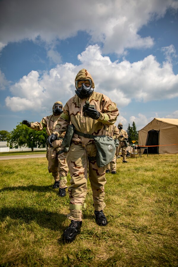 A U.S. Marine with Marine Aircraft Group 41, 4th Marine Aircraft Wing, searches for contaminated areas during a chemical, biological, radiological and nuclear individual survival skills course at Canadian Forces Base Cold Lake, Canada, June 14, 2019, in support of Sentinel Edge 19. CBRN training test Marines abilities to respond in the event of chemical, biological, radiological or nuclear contamination. Training exercises such as SE19 ensure Reserve Marines are proficient and capable of successful integration with active-duty Marines, making Marine Forces Reserve critical to the Marine Corps’ Total Force. (U.S. Marine Corps photo by Sgt. Andy O. Martinez)