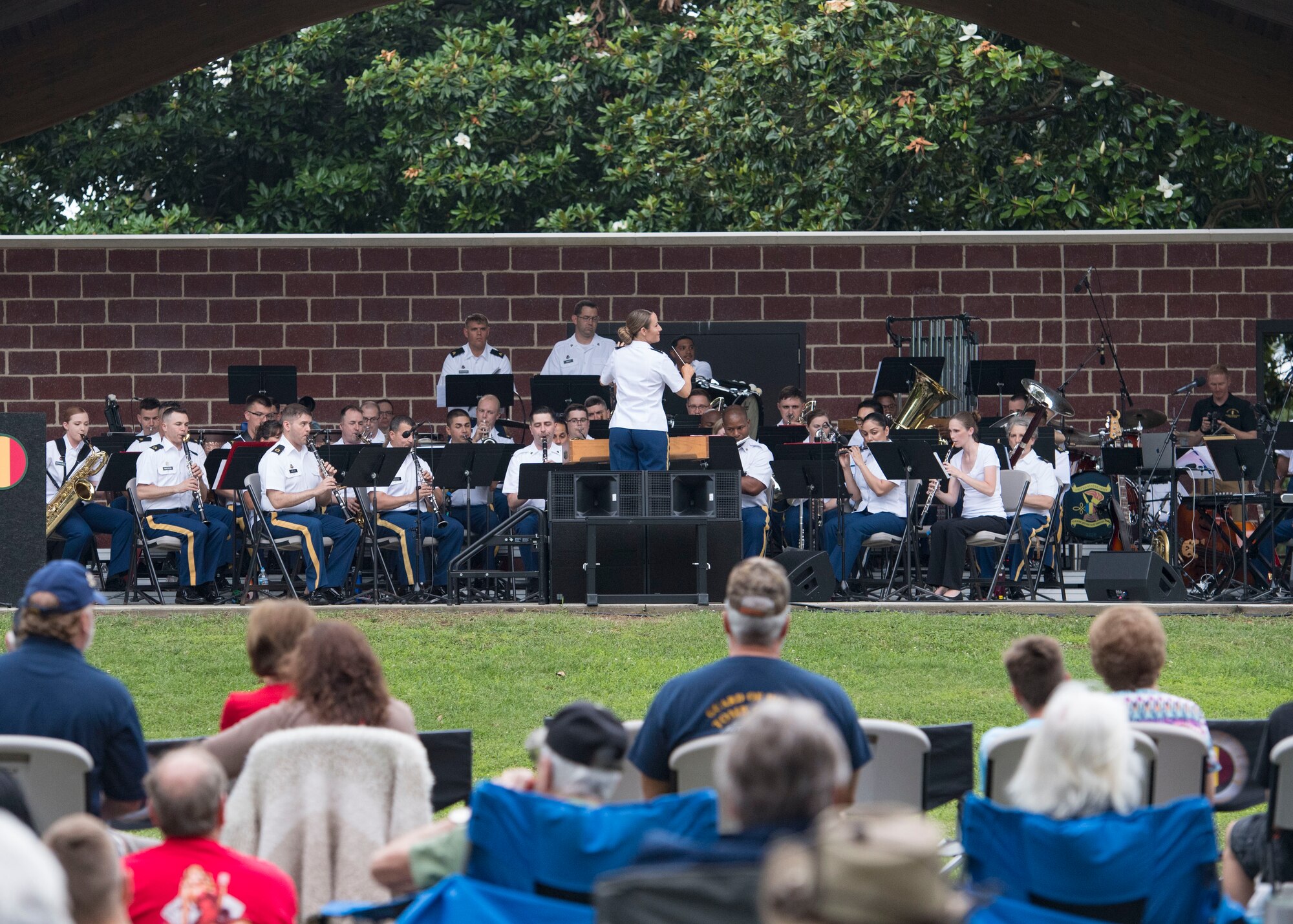 Band members from various Armed Forces bands team up for a collaborative performance during the “Music Under the Stars” concert series at Joint Base Langley-Eustis, Virginia, June 13, 2019.