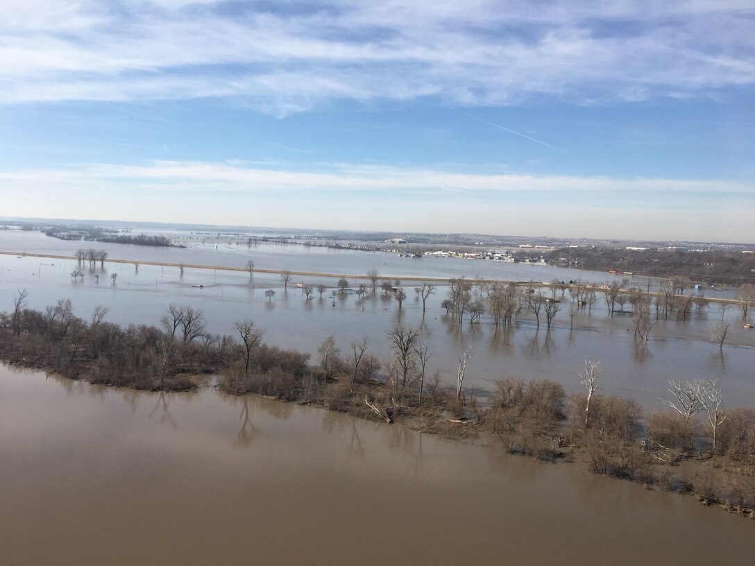 Image shows Levee R616-613 looking southwest towards Offutt AFB from approximately the Bellevue Toll Bridge March 22, 2019.