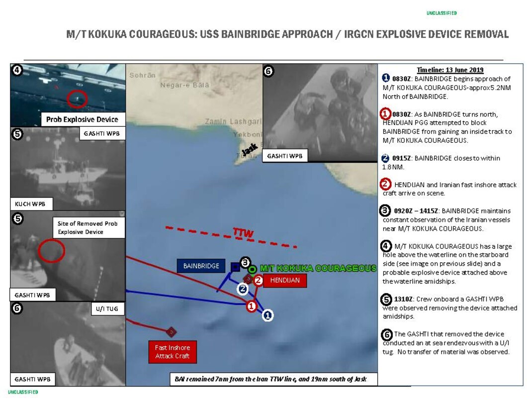 A graphic that shows a likely explosive device, site of removed device on a ship’s hull, members of the Islamic Revolutionary Guard Corps Navy and a map of the ships’ locations in the Gulf of Oman.