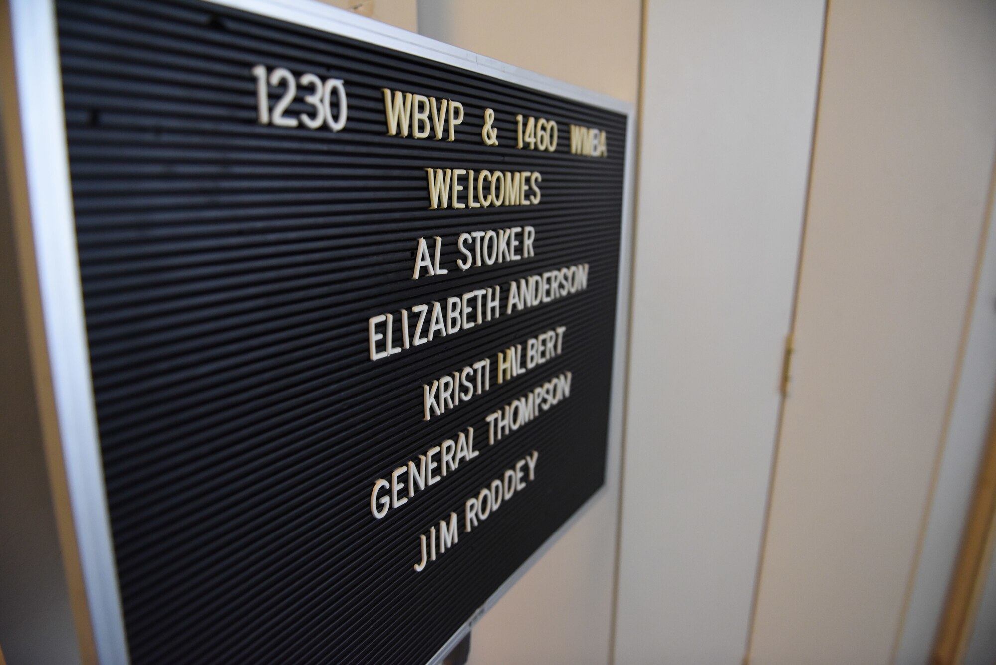 A welcome sign is posted in honor of Lt. Gen. David Thompson, Air Force Space Command vice commander, and Chief of Staff of the Air Force Civic Leader Kristi Hilbert at a radio station in Beaver Falls, Pennsylvania, June 13, 2019.