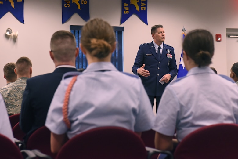Lt. Gen. David Thompson, Air Force Space Command vice commander, speaks to Civil Air Patrol Cadets and Airmen from the 911th Airlift Wing and 171st Air Refueling Wing at the Pittsburgh International Airport Air Reserve Station, Pennsylvania, June 13, 2019.