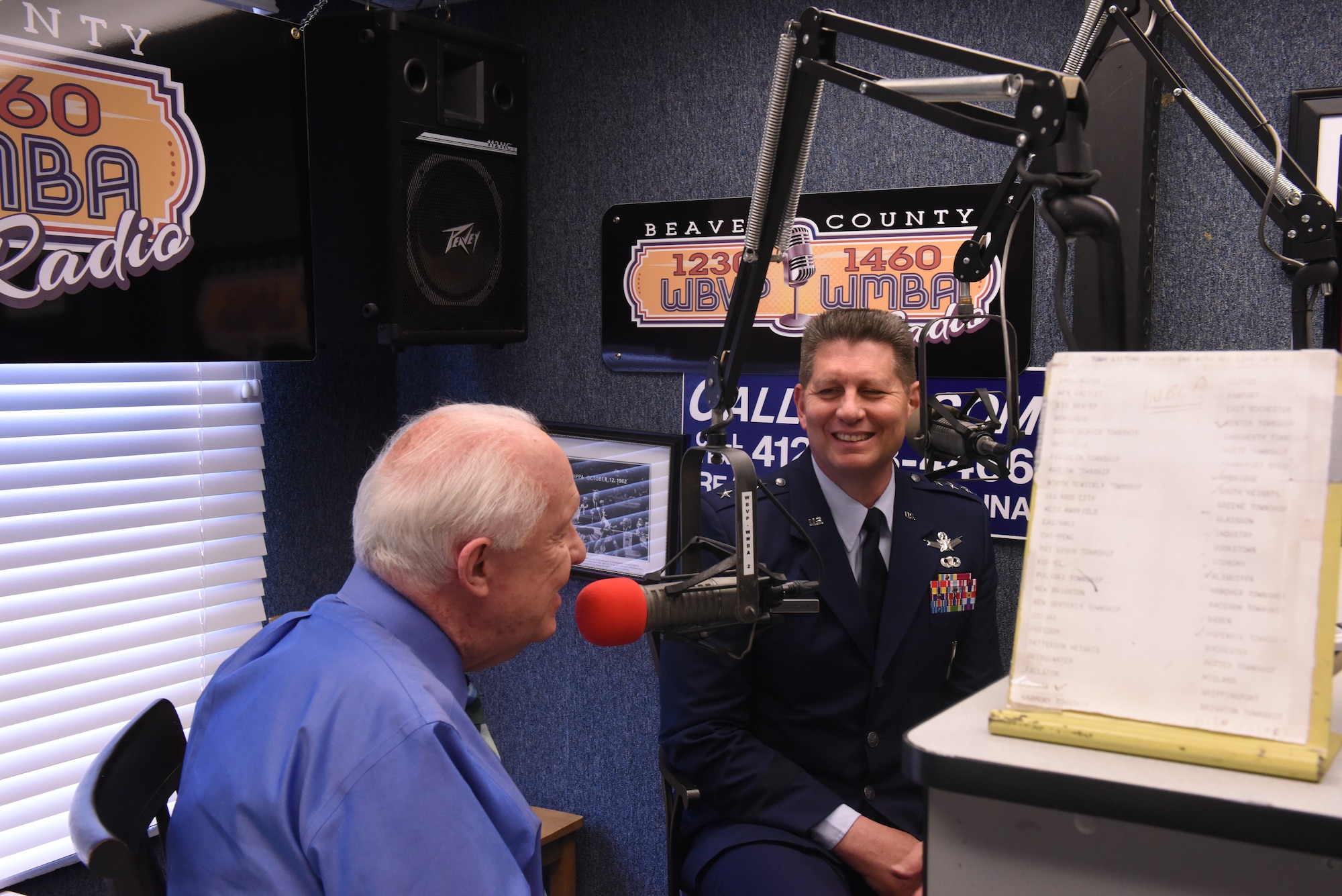 Jim Roddey of Beaver County Radio interviews Lt. Gen. David Thompson, Air Force Space Command vice commander, on his radio show in Beaver Falls, Pennsylvania, June 13, 2019.