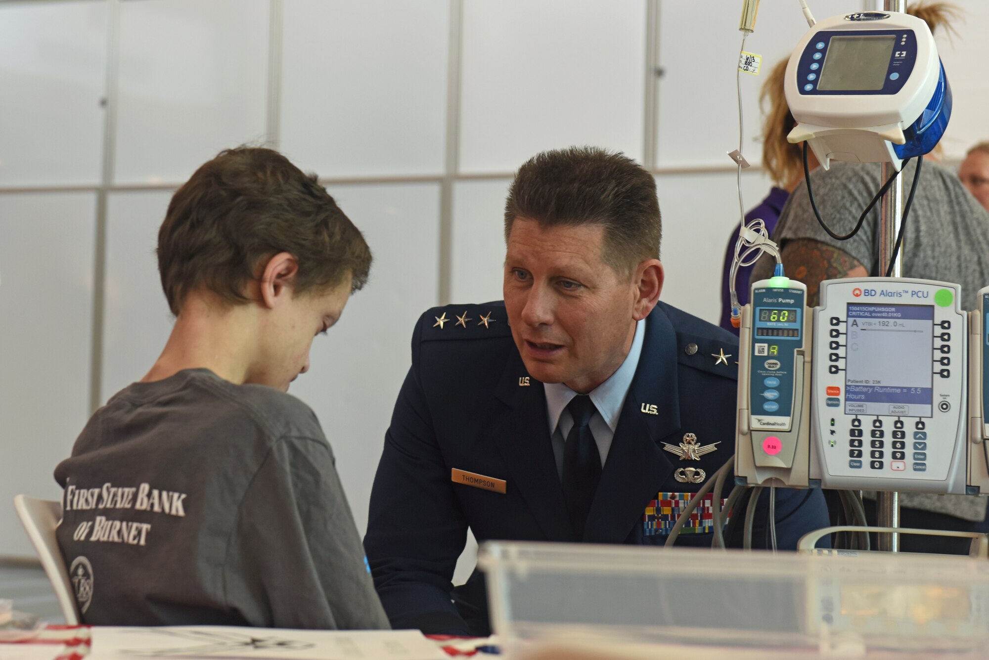 Lt. Gen. David Thompson interacts with a patient at Children’s Hospital of Pittsburgh; June 14, 2019.