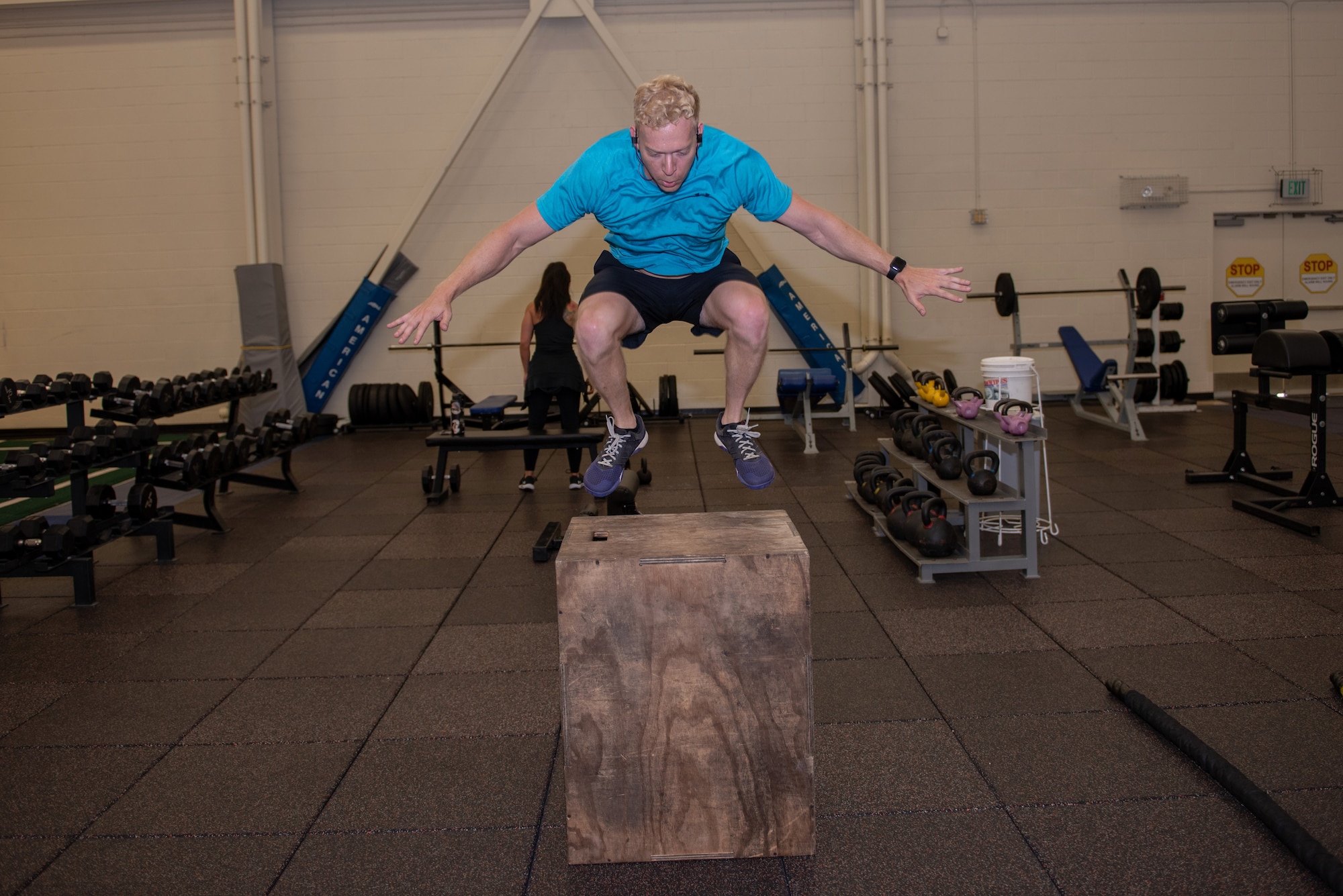 U.S. Air Force Capt. Christopher Williston, a 21st Airlift Squadron C-17 Globemaster III pilot from Baton Rouge, Louisiana, performs box jumps during a workout June 13, 2019, at Travis Air Force Base, California. Williston is training to compete in the Alpha Warrior Western Regional Competition June 21 at Hill AFB, Utah. (U.S. Air Force photo by Tech. Sgt. James Hodgman)