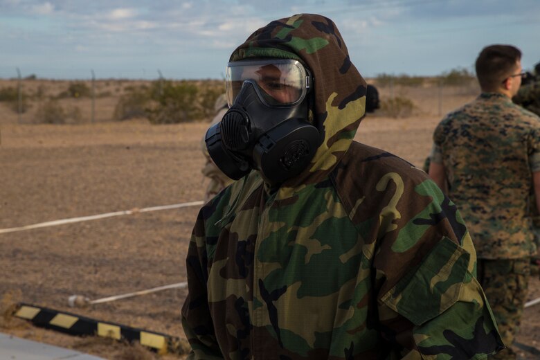 U.S. Marines stationed at Marine Corps Air Station (MCAS) Yuma, conduct their annual Chemical, Biological, Radiological, and Nuclear Defense (CBRN) training at MCAS Yuma, Ariz. Gas Chamber May 9, 2019. The gas chamber is a controlled environment in which a non-lethal gas is released, this trains Marines to have confidence in their gear and become familiar with the M50 Gas Mask and the effects of the gas. (U.S. Marine Corps photo by Pfc. John Hall)