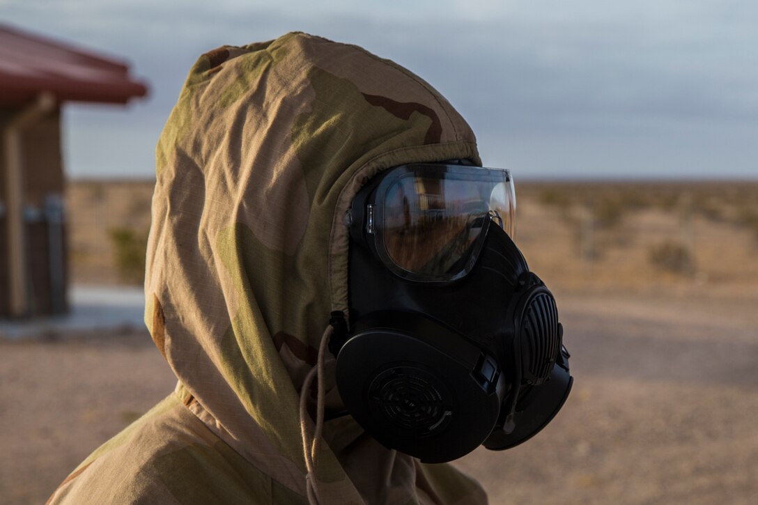 U.S. Marines stationed at Marine Corps Air Station (MCAS) Yuma, conduct their annual Chemical, Biological, Radiological, and Nuclear Defense (CBRN) training at MCAS Yuma, Ariz. Gas Chamber May 9, 2019. The gas chamber is a controlled environment in which a non-lethal gas is released, this trains Marines to have confidence in their gear and become familiar with the M50 Gas Mask and the effects of the gas. (U.S. Marine Corps photo by Pfc. John Hall)