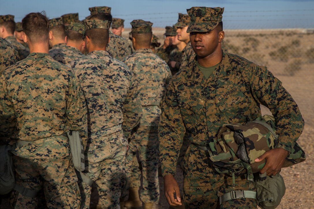 U.S. Marines stationed at Marine Corps Air Station (MCAS) Yuma, conduct their annual Chemical, Biological, Radiological, and Nuclear Defense (CBRN) training at MCAS Yuma, Ariz. Gas Chamber May 9, 2019. The gas chamber is a controlled environment in which a non-lethal gas is released, this trains Marines to have confidence in their gear and become familiar with the M50 Gas Mask and the effects of the gas. (U.S. Marine Corps photo by Pfc. John Hall)