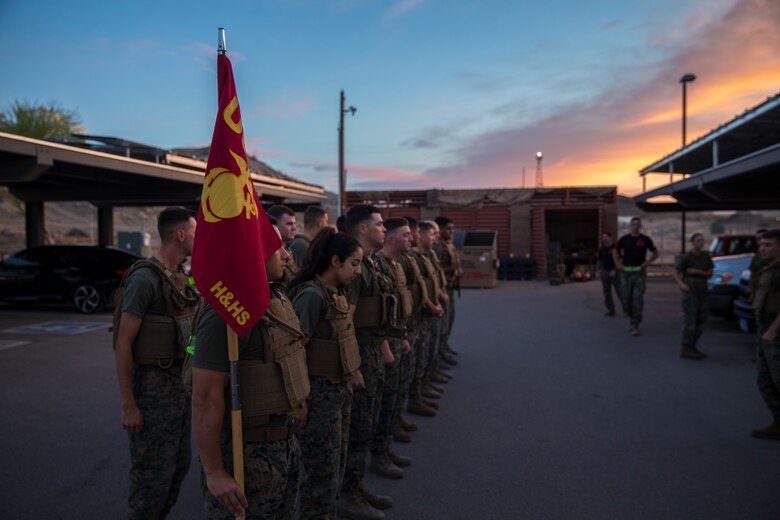 U.S. Marines stationed at Marine Corps Air Station (MCAS) Yuma conduct a Casualty Evacuation run as part of their physical training during Corporals Course at MCAS Yuma, Ariz., May 15, 2019. Corporals Course is a leadership class designed to teach Marines the fundamentals of being a noncomissioned officer. (U.S. Marine Corps photo by Pfc. John Hall)