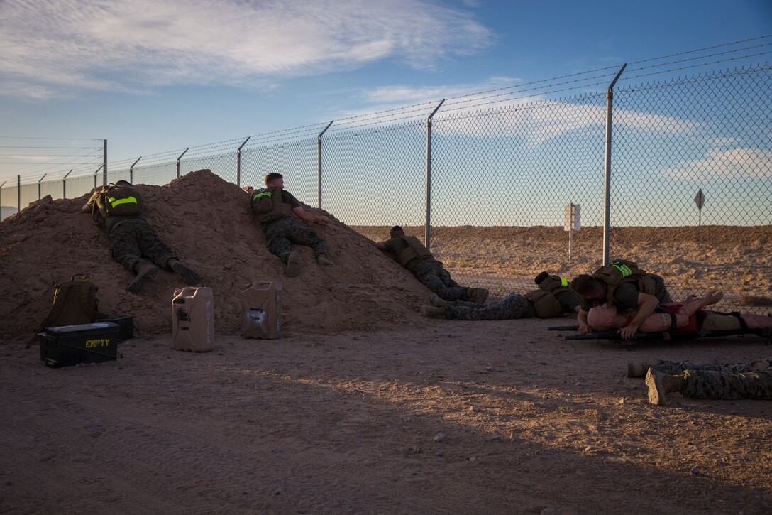 U.S. Marines stationed at Marine Corps Air Station (MCAS) Yuma conduct a Casualty Evacuation run as part of their physical training during Corporals Course at MCAS Yuma, Ariz., May 15, 2019. Corporals Course is a leadership class designed to teach Marines the fundamentals of being a noncomissioned officer. (U.S. Marine Corps photo by Pfc. John Hall)