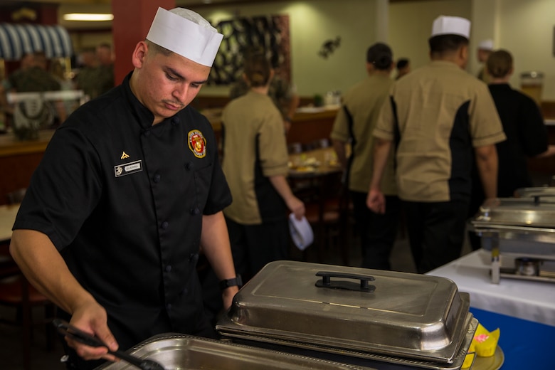 U.S. Marines with Headquarters and Headquarters Squadron, Marine Corps Air Station (MCAS) Yuma, Food Services, compete in the 2019 MCAS Yuma Chef of the Quarter challenge on MCAS Yuma, Ariz., May 22, 2019. The MCAS Yuma Chef of the Quarter challenge is an in-house competition held to decide which Food Service Marines will compete in the Chef of the Quarter competition held in Camp Pendleton, California. (U.S. Marine Corps photo by Pfc. John Hall)