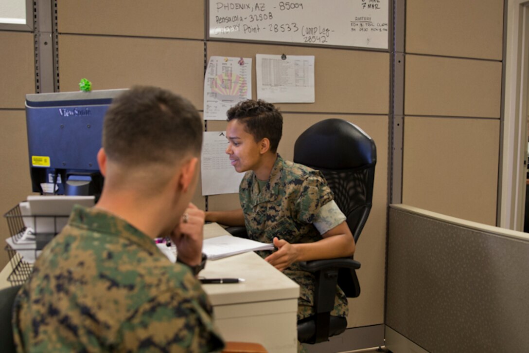 U.S. Marine Corps Lance Cpl. Hailey M. Lark, an administrative specialist with Installation Personnel Admin Center (IPAC), Headquarters and Headquarters Squadron Marine Corps Air Station (MCAS) Yuma, conducts his administrative duties at the IPAC on MCAS Yuma Ariz., May 28, 2019. The IPACs' mission is to provide professional, quality personnel administration services to all Marines and family members assigned to MCAS Yuma. Ensuring every Marine is administratively ready for worldwide assignment. (U.S. Marine Corps photo by Lance Cpl. Joel Soriano)