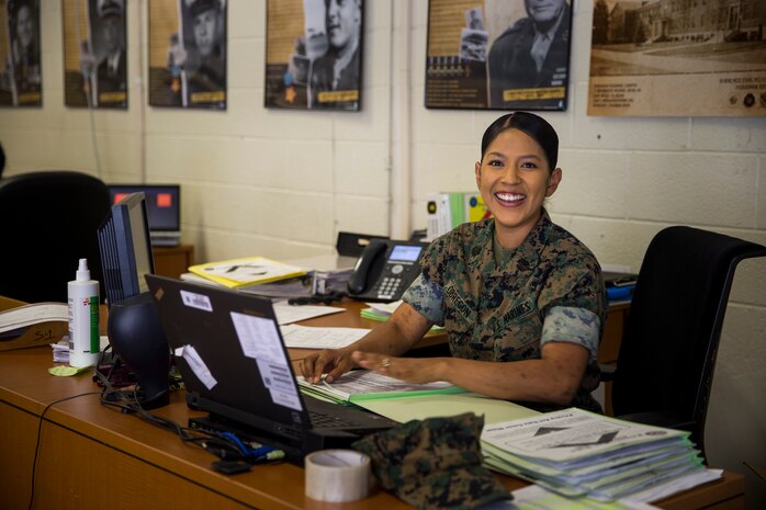 U.S. Marine Corps Staff Sgt. Johanny Obregon, the Operations (S-3) Chief with Headquarters and Headquarters Squadron Marine Corps Air Station (MCAS) Yuma, conducts her daily routine duties at MCAS Yuma, Ariz., May 31 2019. In the Marine Corps, S-3 Marines are responsible for the day-to-day training operations that take place on base. (U.S. Marine Corps photo by Pfc. John Hall)