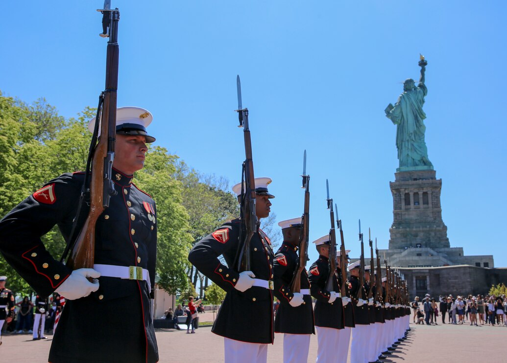 Marines with the Silent Drill Platoon perform at the Statue of Liberty, May 26, 2019. Marines with the Battle Color Detachment performed at multiple venues during Fleet Week in New York City.