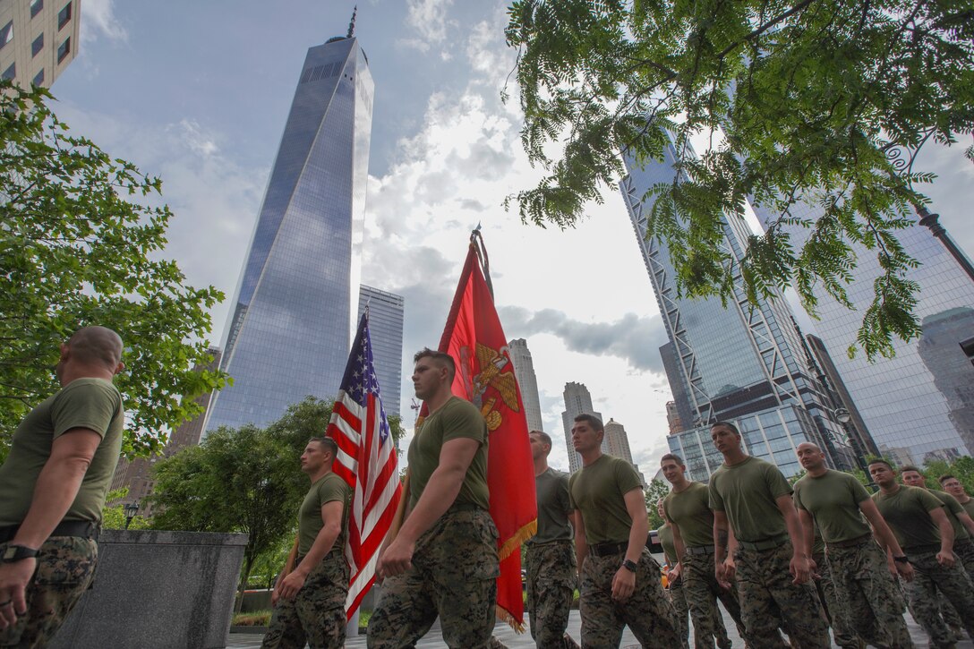U.S. Marines and Sailors participate in a “Freedom Run” to the National September 11 Memorial and Museum, during Fleet Week New York in New York, NY, May 23, 2019. Fleet Week New York is an opportunity for New Yorkers to meet their Marine Corps, Navy and Coast Guard service members and experience America's sea services firsthand.