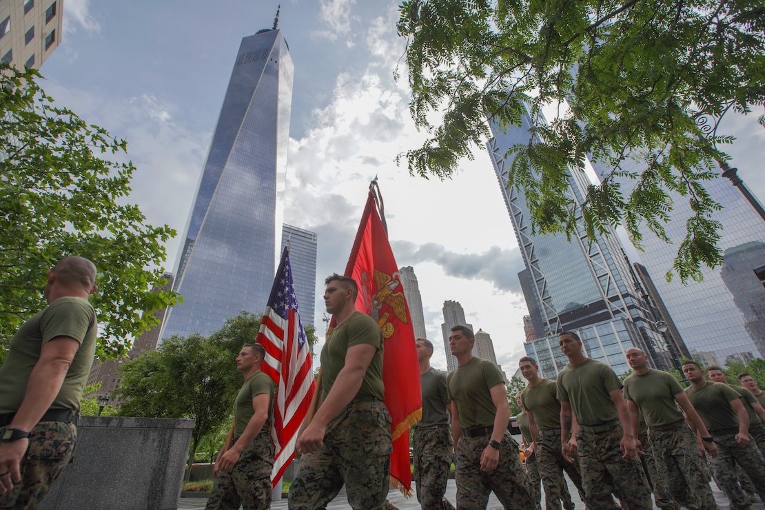 U.S. Marines and Sailors participate in a “Freedom Run” to the National September 11 Memorial and Museum, during Fleet Week New York in New York, NY, May 23, 2019. Fleet Week New York is an opportunity for New Yorkers to meet their Marine Corps, Navy and Coast Guard service members and experience America's sea services firsthand.