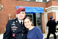 Army Staff Sgt. Paul Mampreian, Medic, 2nd Infantry Division, Fort Lewis, Washington, pauses for a photo before the funeral of his uncle , Staff Sgt. Al Mampre, on Saturday, June 15, 2019.