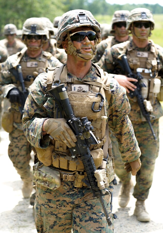 Marines with 1st Battalion, 25th Marines, 4th Marine Division, participate in a manuver under fire drill during the Mission Readiness Exercise (MRX) at Ft. AP Hill, Va., June 16, 2019.  The Reserve battalion is slated to continue an intense training schedule in preparation for their Unit Deployment Program (UDP) 20.1 later this year. (U.S. Marine Corps Photo by Sgt. Markeith D. Hall)