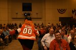 Gritty, the Philadelphia Flyers mascot, greeted Troop Support employees during a town hall in Philadelphia, June 11, 2019. Gritty took a few moments to embrace and take photos with employees.