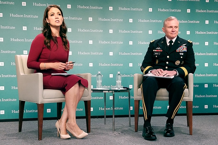 Hudson Senior Fellow Rebeccah Heinrichs and Lt. Gen. Robert P. Ashley Jr. field questions from the audience following the keynote address and discussion, May 29. (Photo courtesy of the Hudson Institute)