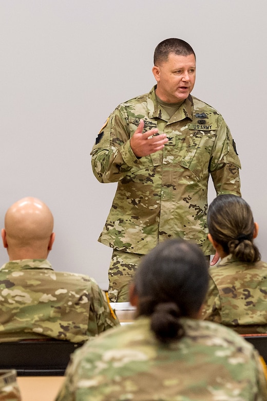 Col. Mark Jackson, director of the Army Reserve’s 469th Financial Management Support Center in New Orleans, draws from his own experience as he shares key leadership principles at a Company Leader Development Course during the first day of Diamond Saber at Fort McCoy, Wisc., June 18, 2019. Diamond Saber, the Army’s only major financial management exercise, is designed to provide realistic technical training to regular Army, Army Reserve and Army National Guard FM units through interactive scenarios and transactions based upon current policy in a collective environment. (U.S. Army photo by Russell Gamache)