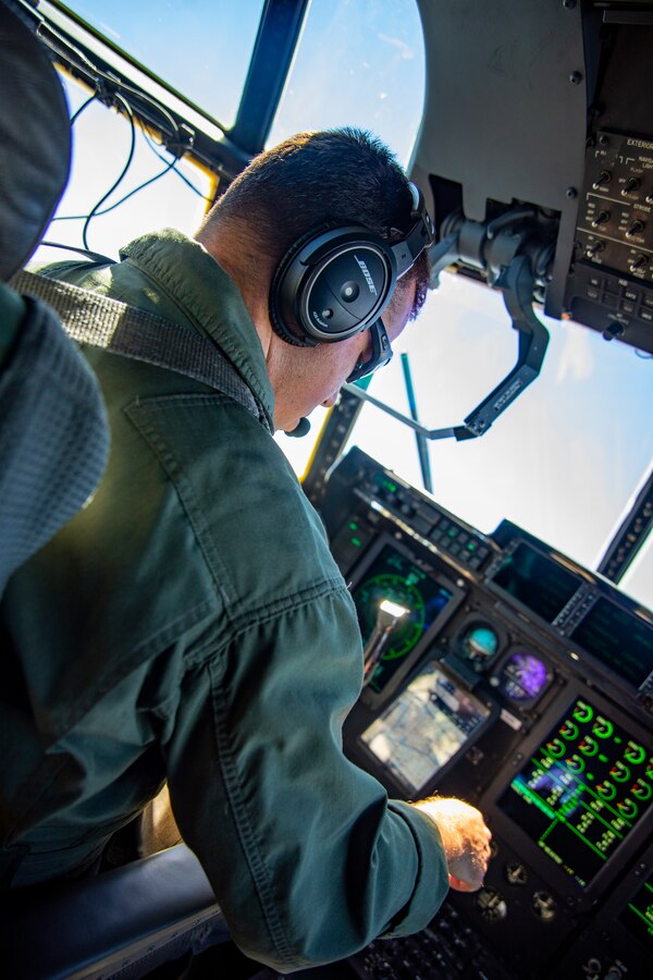 A U.S. Marine Corps pilot with Marine Aerial Refueler Transport Squadron 234, Marine Aircraft Group 41, 4th Marine Aircraft Wing, flies a KC-130 Hercules during an aerial refueling training mission at Canadian Forces Base Cold Lake, Canada, June 17, 2019, in support of Sentinel Edge 19. MARFORRES squadrons participate in SE19 to both complete annual training requirements and to increase unit readiness and proficiency. (U.S. Marine Corps photo by Sgt. Andy O. Martinez)