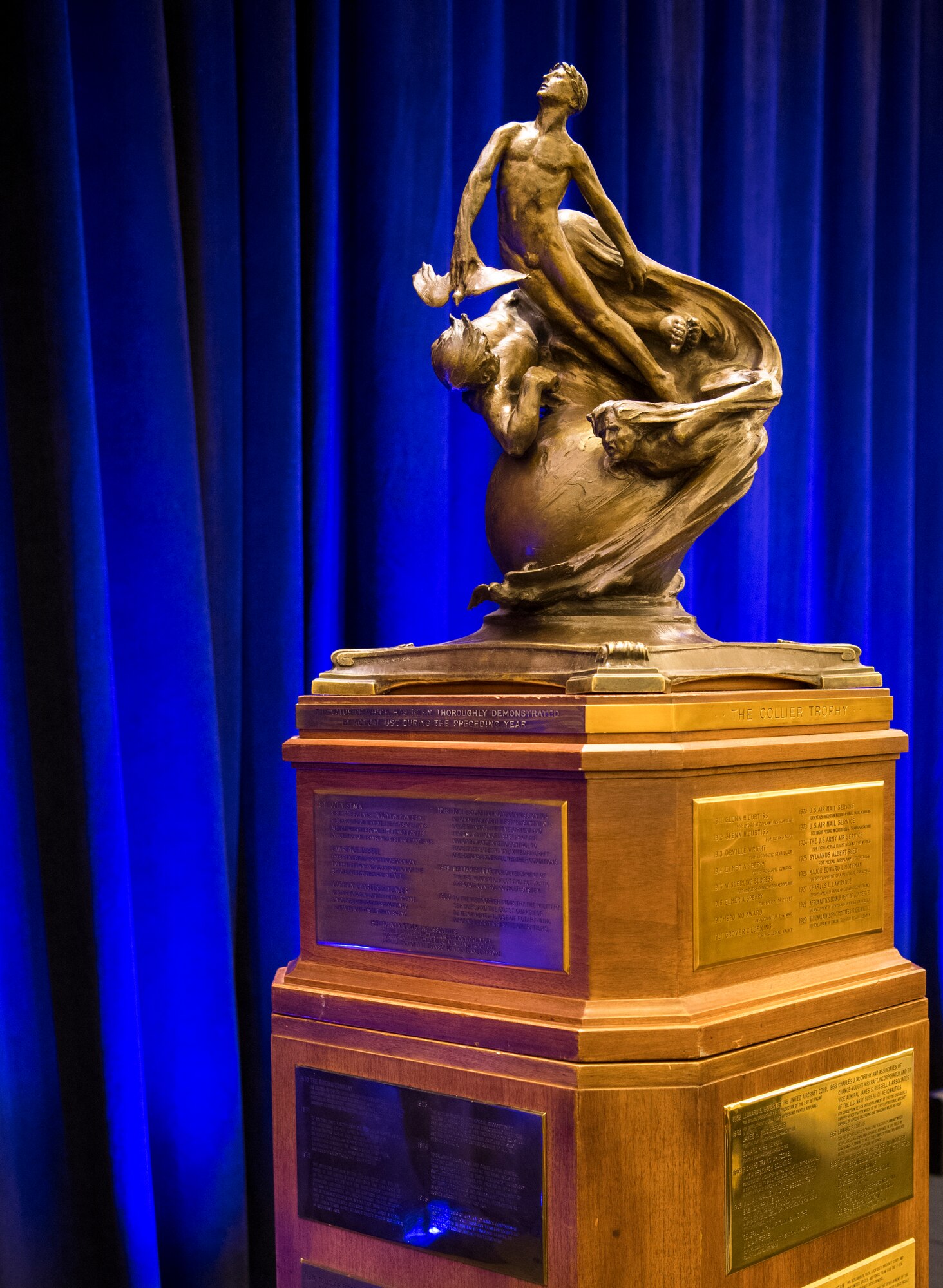 The Collier Trophy was established in 1911 by Robert J. Collier, publisher and early President of the Aero Club of America, Washington, June 13, 2019. The Collier Trophy is awarded annually by the U.S. Aeronautic Association "for the greatest achievement in aeronautics or astronautics in America, with respect to improving the performance, efficiency, and safety of air or space vehicles, the value of which has been thoroughly demonstrated by actual use during the preceding year."(U.S. Air Force photo by Christopher Dyer)