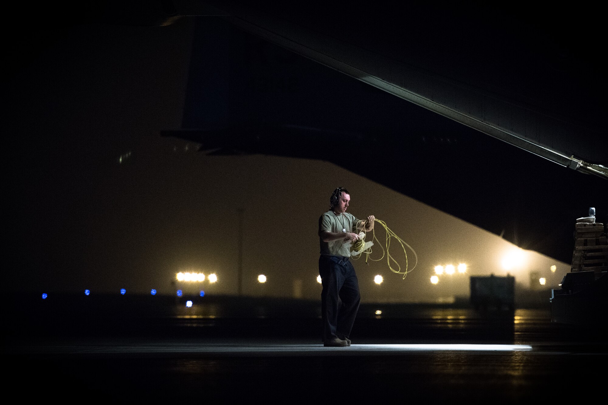 U.S. Air Force Staff Sgt. Darren Breton, 75th Expeditionary Airlift Squadron crew chief, prepares a C-130J Super Hercules for flight at Camp Lemonnier, Djibouti, June 5, 2019. The 75th EAS provides support in medical evacuations, disaster relief, humanitarian and airdrop operations. (U.S. Air Force photo by Staff Sgt. Devin Boyer)