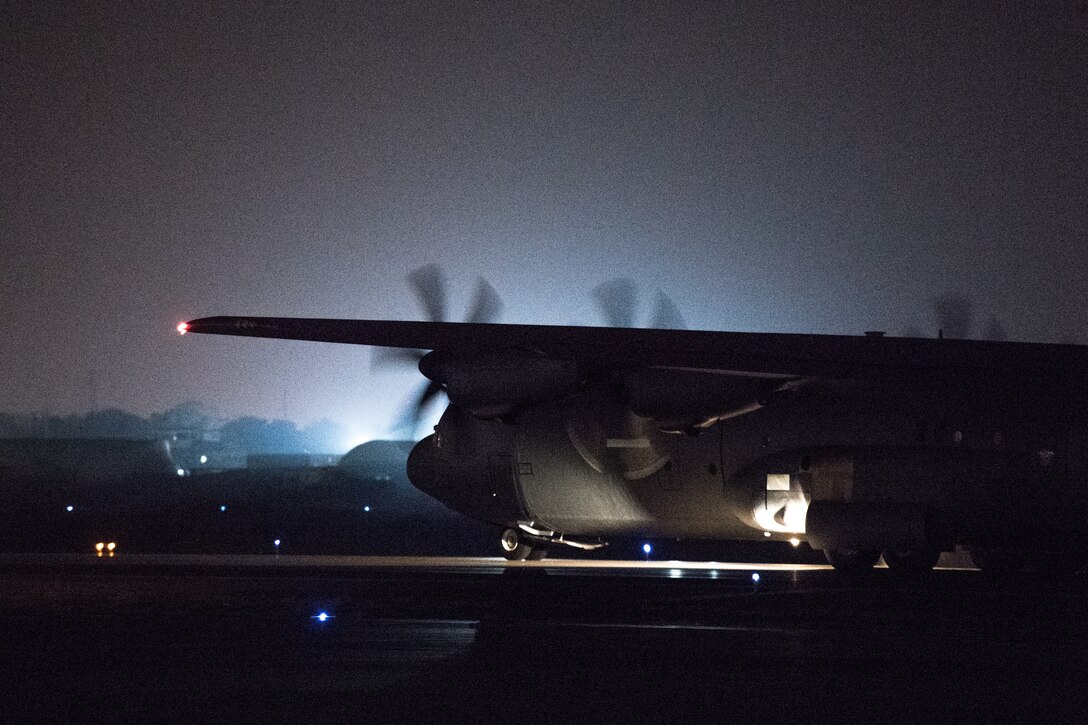A U.S. Air Force C-130J Super Hercules taxis to the runway at Camp Lemonnier, Djibouti, June 5, 2019. The 75th EAS provides support in medical evacuations, disaster relief, humanitarian and airdrop operations. (U.S. Air Force photo by Staff Sgt. Devin Boyer)