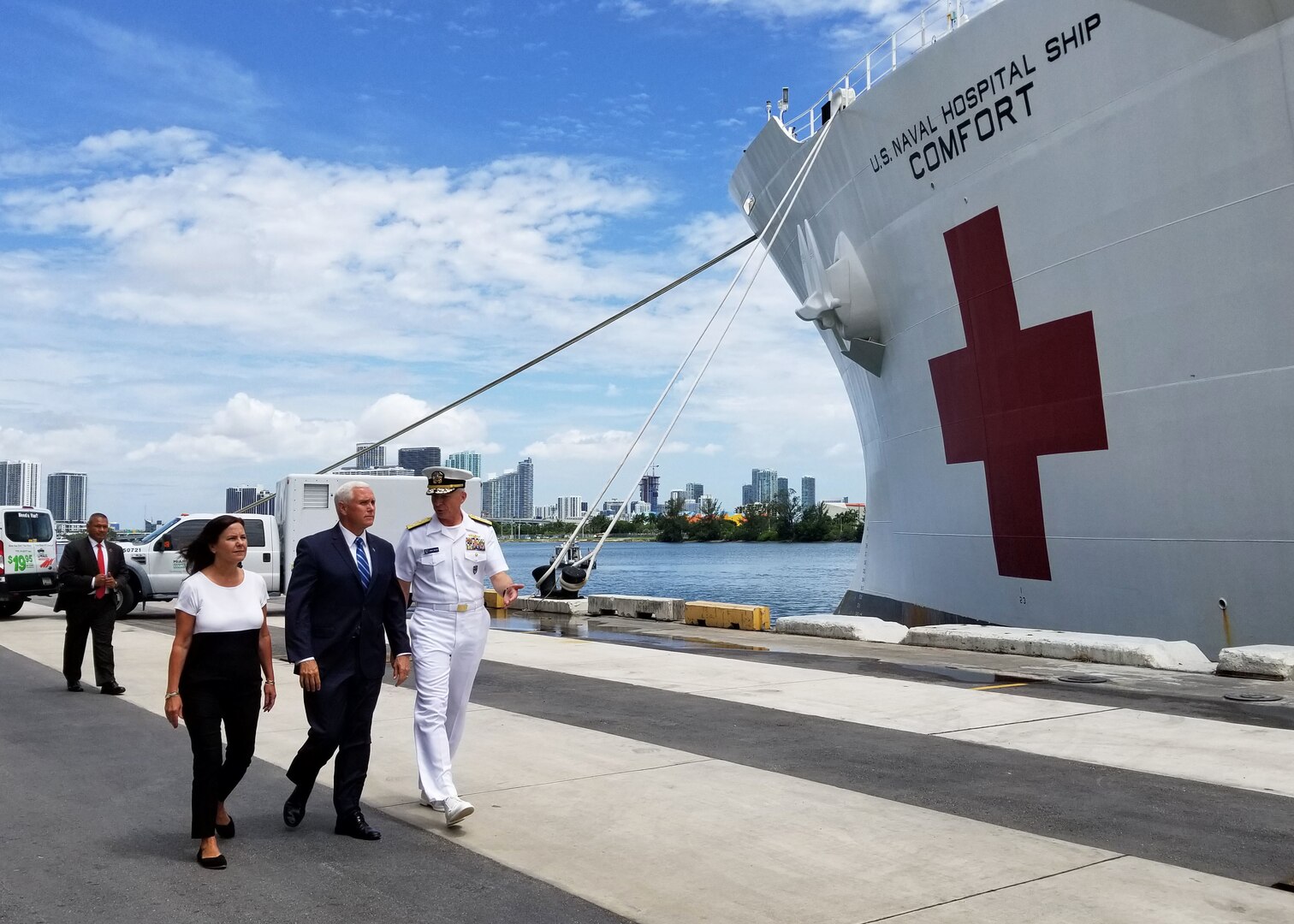 Vice President Mike Pence, second lady Karen Pence, and Adm. Craig S. Faller, commander, U.S. Southern Command, visit the hospital ship USNS Comfort (T-AH 20).