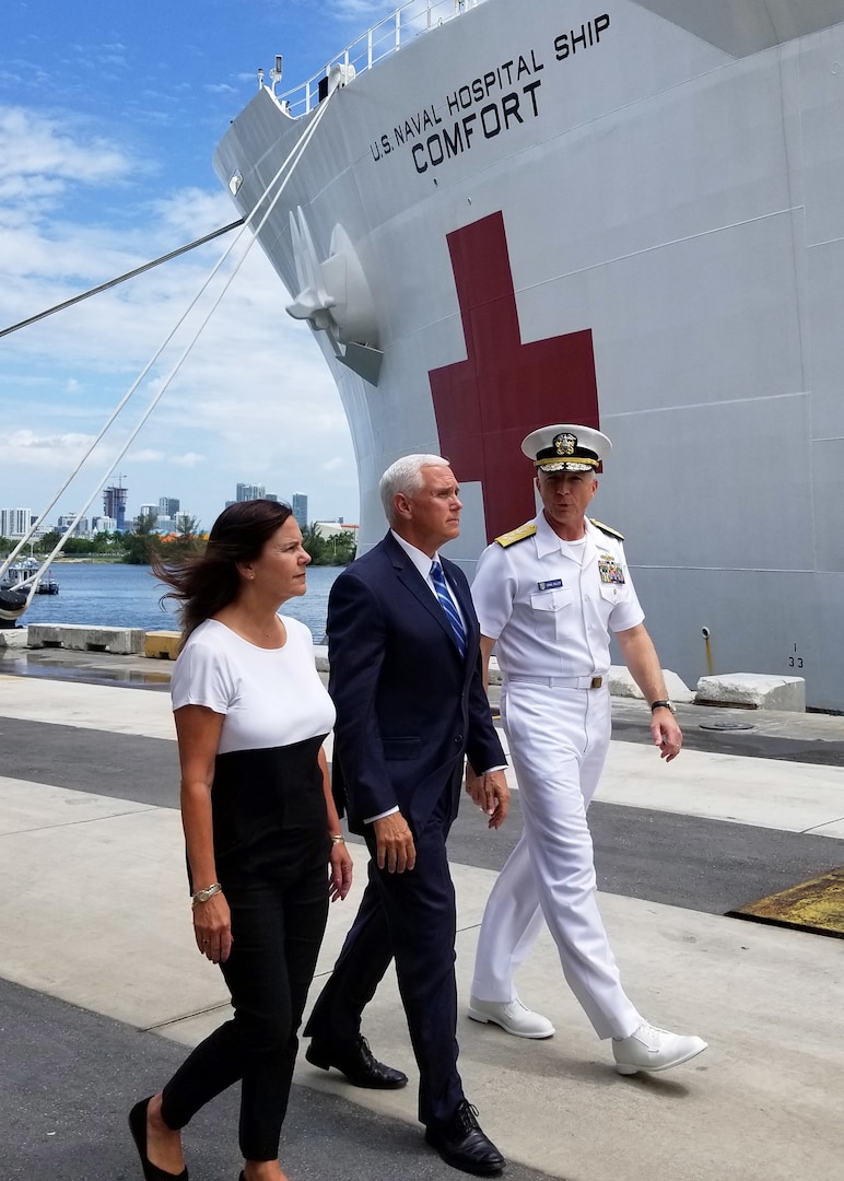 Vice President Mike Pence, second lady Karen Pence, and Adm. Craig S. Faller, commander, U.S. Southern Command, visit the hospital ship USNS Comfort (T-AH 20).