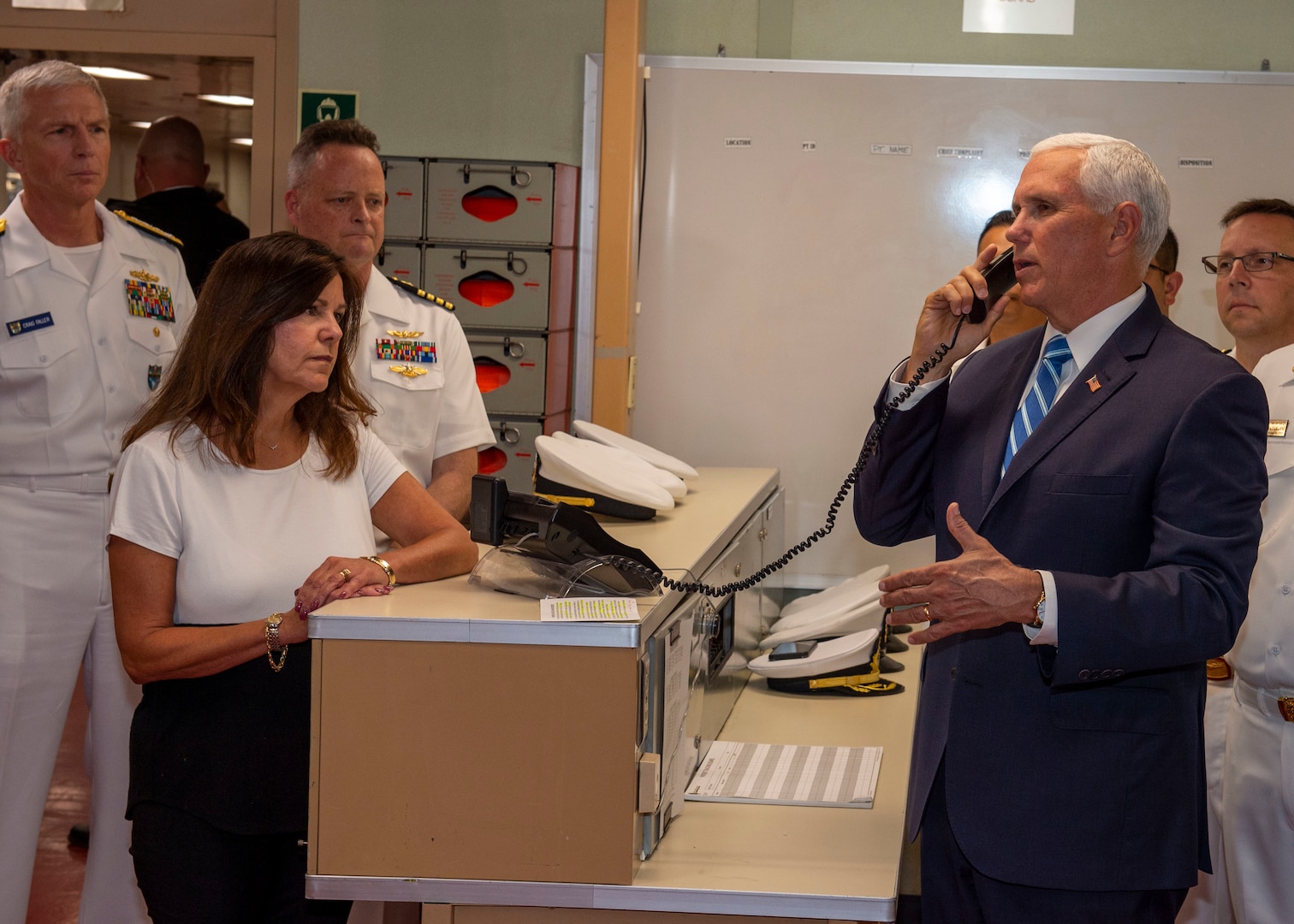 Vice President Mike Pence speaks to the crew over the announcing system aboard hospital ship USNS Comfort (T-AH 20).