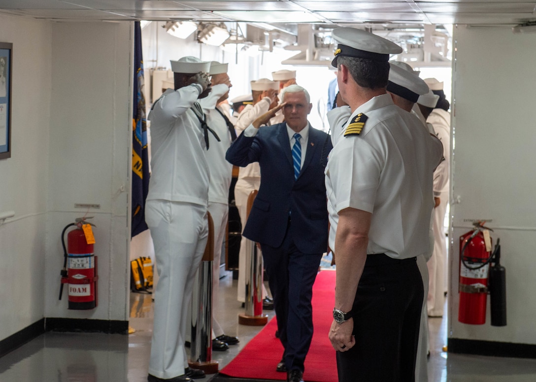 Vice President Mike Pence and second lady Karen Pence tour the hospital ship USNS Comfort (T-AH 20).