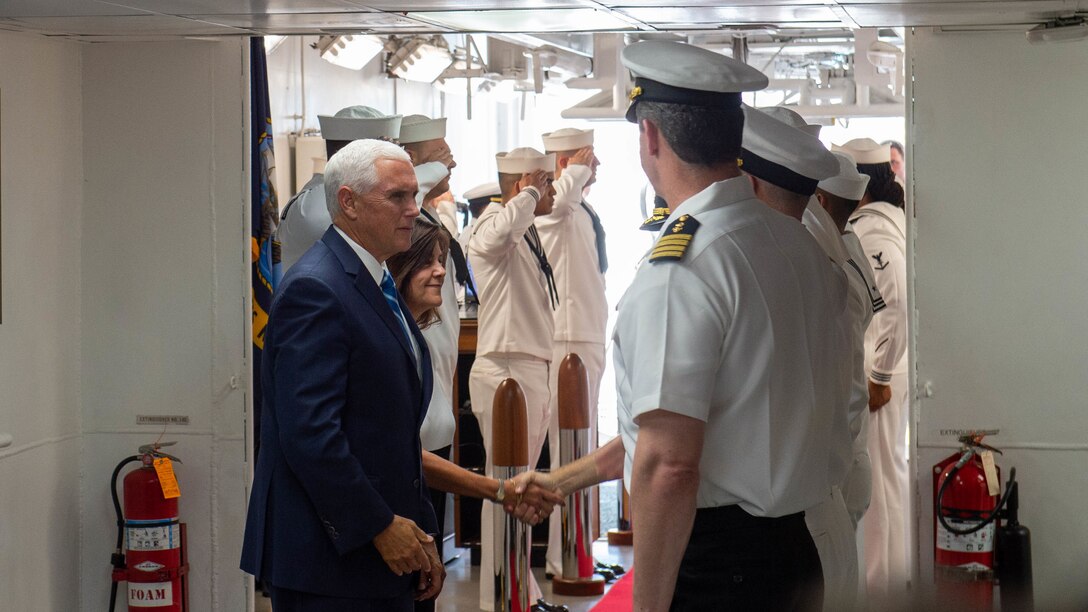 Vice President Mike Pence and second lady Karen Pence tour the hospital ship USNS Comfort (T-AH 20).