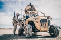 A Marine conducts pre-deployment training and evaluation. Additionally, Marines are evaluating the Compact Laser Weapons System, the first ground-based laser approved by the Department of Defense for use by warfighters, as another potential C-UAS defeat capability. (U.S. Marine Corps photo by Lance Cpl. Dalton S. Swanbeck)