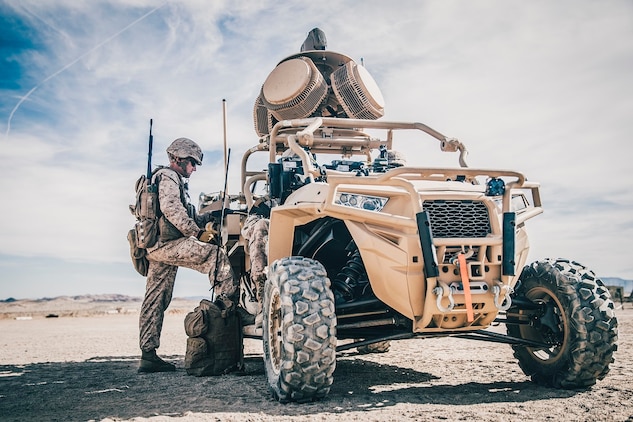 A Marine conducts pre-deployment training and evaluation. Additionally, Marines are evaluating the Compact Laser Weapons System, the first ground-based laser approved by the Department of Defense for use by warfighters, as another potential C-UAS defeat capability. (U.S. Marine Corps photo by Lance Cpl. Dalton S. Swanbeck)
