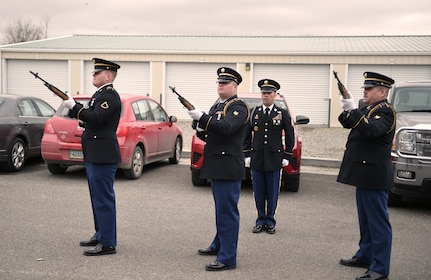 Wyoming Army National Guard Military Funeral Honors team members conduct a 21-gun salute for Technician 5 Joseph Mulvaney, who received long-overdue honors March 29, 2019 at a memorial service in Cody, Wyoming.