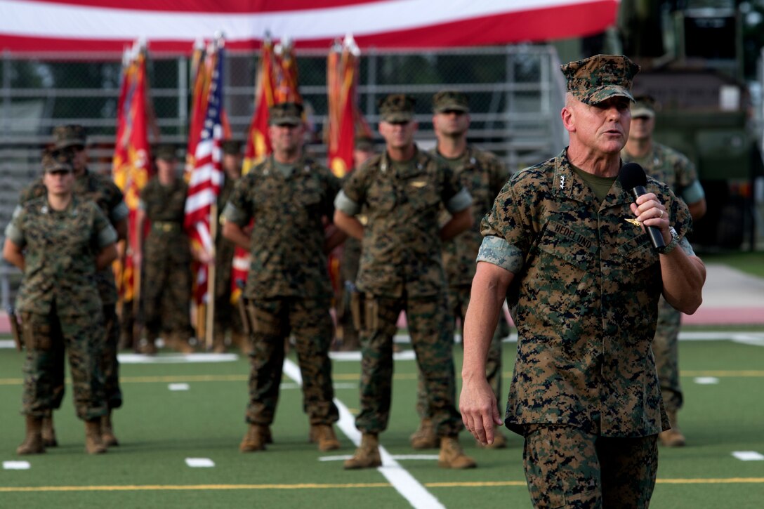 Lt. Gen. Robert F. Hedelund, the outgoing commanding general of II Marine Expeditionary Force addresses the audience during the II MEF change of command ceremony at Camp Lejeune, N.C., June 13, 2019. During the ceremony, Hedelund relinquished his post as commanding general of II MEF to Lt. Gen. Brian D. Beaudreault. (U.S. Marine Corps photo by Lance Cpl. Leticia Saliaz)