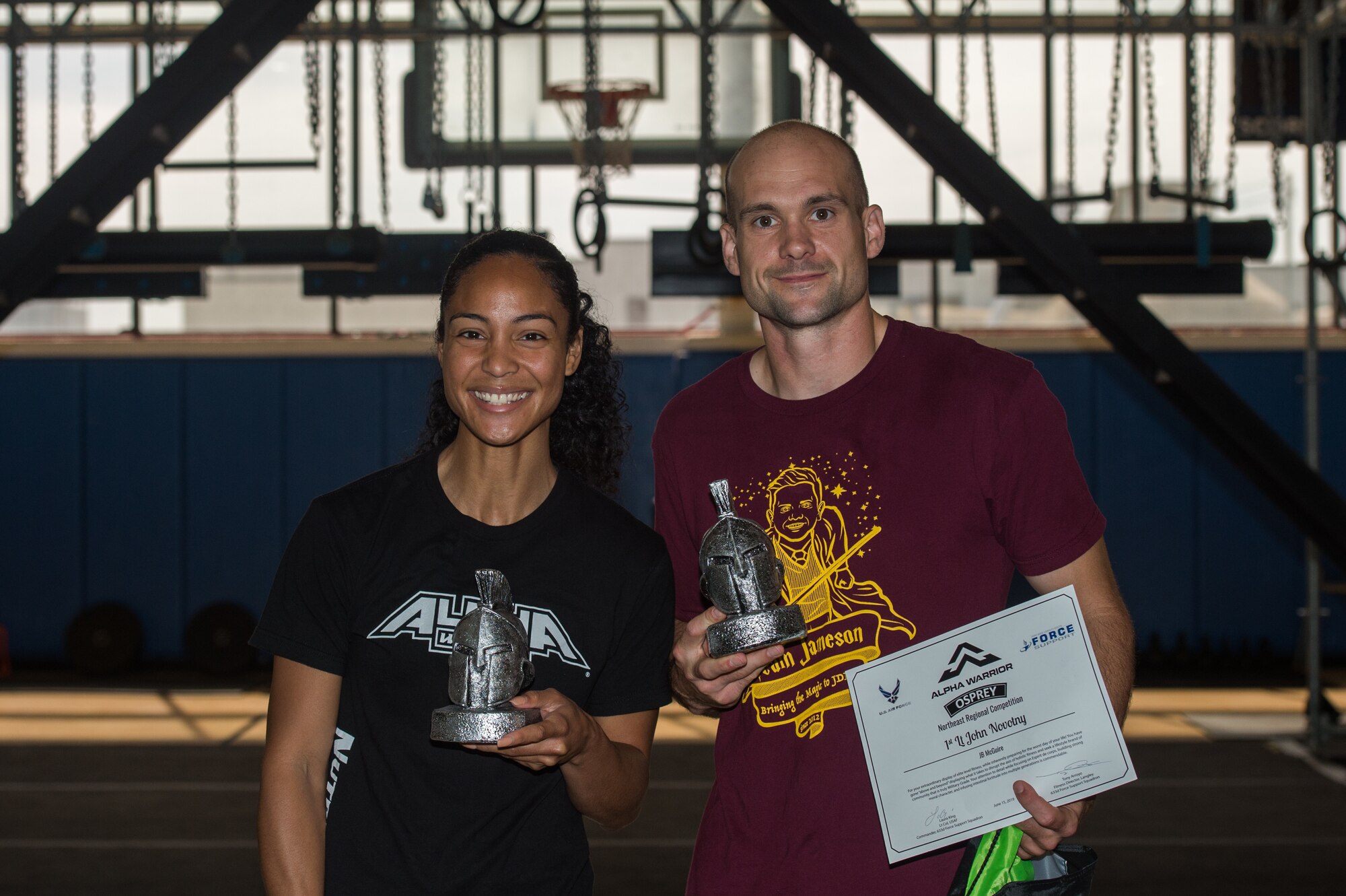 U.S. Air Force 1st Lt. Nicole Mitchell, 83rd Network Operations Squadron assistant director of operations, and 1st Lt. John Novotny, 423rd Mobility Training Squadron, deputy flight commander air advisor from Joint Base McGuire-Dix-Lakehurst, New Jersey, place first in the Alpha Warrior Regional Championship  at Joint Base Langley-Eustis, Virginia, June 15, 2019.