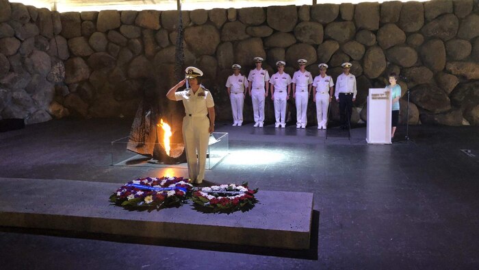 Vice Adm. Franchetti lays a wreath during a memorial ceremony in Jerusalem, Israel, in remembrance of the lives lost during the Holocaust.