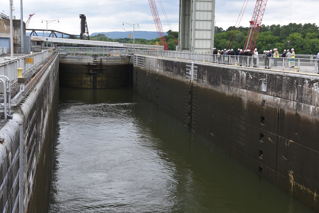 Members of the Lower Mekong Initiative, an international team from Cambodia, Laos, Myanmar, Thailand and Vietnam, and U.S. officials visit Chickamauga Lock on the Tennessee River in Chattanooga, Tenn., June 12, 2019. They toured the Tennessee Valley Authority project where the U.S. Army Corps of Engineers Nashville District operates and maintains the lock at the invitation of the United States in support of water development in the Lower Mekong River Basin. (USACE photo by Lee Roberts)
