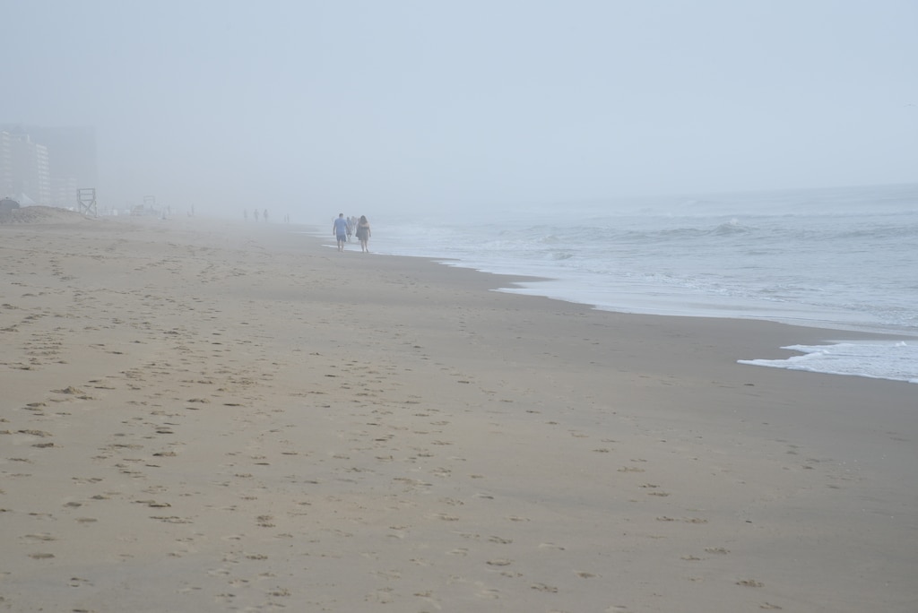 Two people walk along a foggy beach