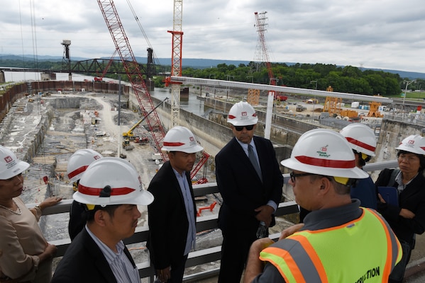 Tommy Long, Chickamauga Lock Replacement Project resident engineer, briefs members of the Lower Mekong Initiative about the status of the project during a visit June 12, 2019 on the Tennessee River in Chattanooga, Tenn. The U.S. Army Corps of Engineers Nashville District is constructing a new navigation lock at the Tennessee Valley Authority project. (USACE photo by Lee Roberts)