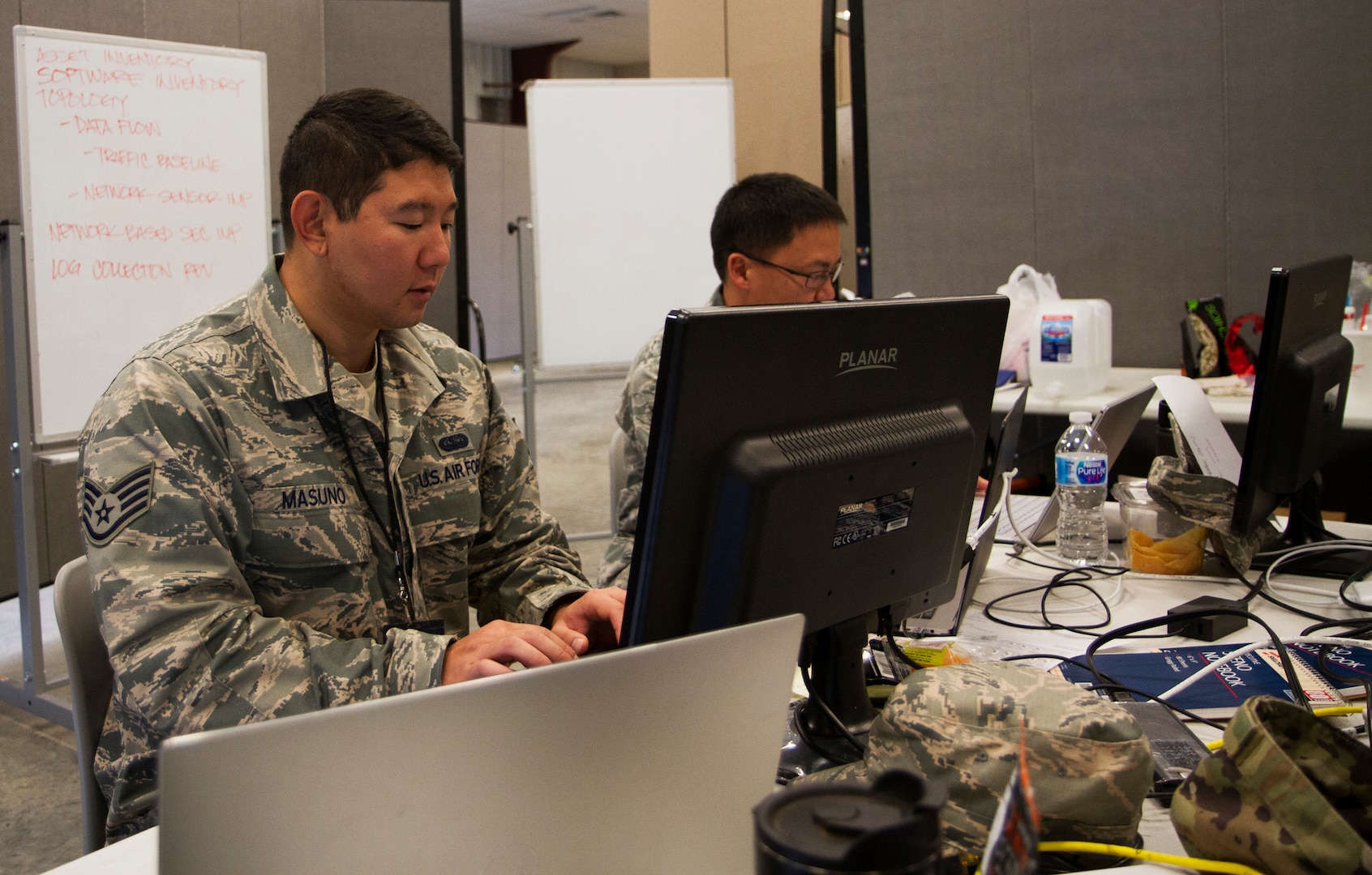 Staff Sgt. Marc Masuno from Aiea, Hawaii, and Hawaii Air Guard Cyber Mission Assurance Team works on his computer during the exercise portion, a scenario-based cyber security role-playing event, at Cyber Shield 19 at Camp Atterbury, Ind., April 16, 2019.  Cyber security is fundamental to enabling the Army’s offensive and defensive activities in order to win in and through cyberspace.
