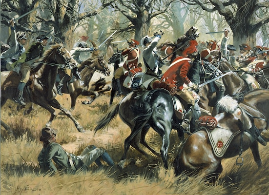 “The Battle of Cowpens” by Don Troiani is part of the National Guard Bureau Heritage Series. In upland South Carolina, January 17, 1781, at a place where local farmers penned their cows, an American force of 300 Continentals and 700 militia from North and South Carolina, Virginia, and Georgia, won a brilliant victory against the British.

The Continentals who fought at Cowpens are perpetuated today by the 175th Infantry, Maryland Army National Guard, and the 198th Signal Battalion, Delaware Army National Guard, and the Virginia militia by the 116th Infantry, Virginia Army National Guard. The heritage of the rest of the American troops who fought in this "greatest tactical victory ever won on American soil" is carried on today by the Georgia, South Carolina and North Carolina Army National Guards. 

The National Guard Heritage Paintings are a series of original oil paintings commissioned by the National Guard Bureau to depict significant moments in the history of the National Guard and its ancestor units to inspire present-day National Guard Soldiers and Airmen.

(Photo Courtesy of the National Guard Bureau)