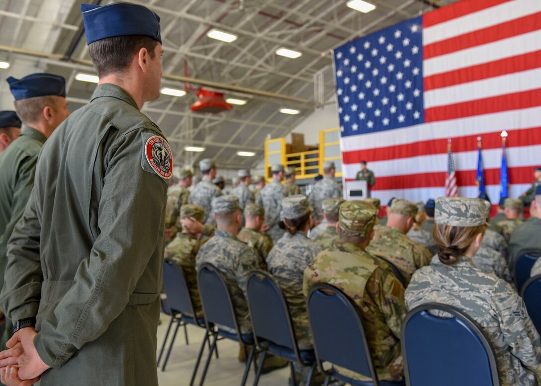 Airmen stand in formation June 2, 2019, during the 378th Fighter Squadron change of command ceremony at the 115th Fighter Wing in Madison, Wisconsin. Lt. Col. Scott Johnson came to Truax from the U.S. Embassy in Copenhagen, Denmark to take the position of Lt. Col. Matthew Brockhaus, the 378th FS outgoing commander, who is transitioning to the Wisconsin Air National Guard to continue his service with the 115th FW. (U.S. Air National Guard photo by Airman 1st Class Cameron Lewis)
