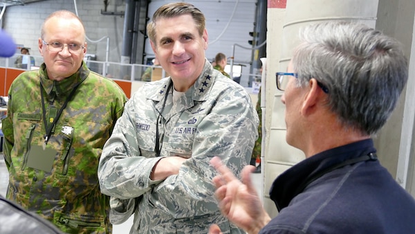 U.S. Air Force Lt. Gen. Bradford Shwedo, Joint Staff director of Command, Control, Communications and Computers/Cyber and the Joint Staff's Chief Information Officer, and a Finnish Defence Forces officer listen to Charles Ratte, deputy Bold Quest operational manager, Joint Staff Joint Fires Division, explain Operations Control Center - North activity while touring the site during his visit to observe Bold Quest 19.1 in Sodankylä, Finland on May 15, 2019. Finland was only the third nation to host Bold Quest other than the U.S. in the event's 23 operational demonstrations since 2003; the others were the UK in 2005 and Norway in 2010.