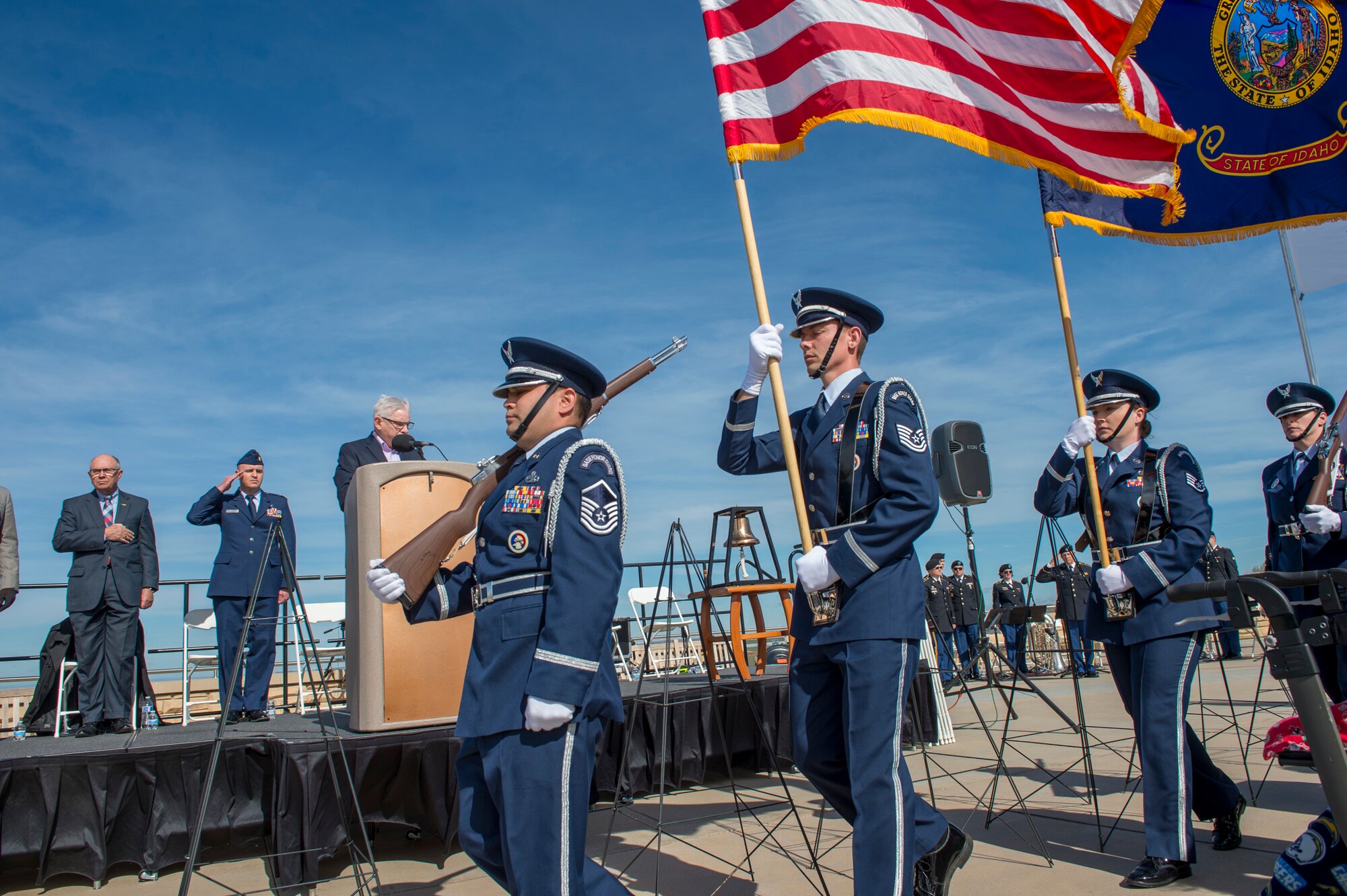 Members of the 124th Fighter Wing Honor Guard present colors to open the Memorial Day Ceremony at Idaho State Veterans Cemetery, Boise, Idaho, May 27, 2019. The ceremony was held to honor and remember all those who died serving in defense of our Nation, as well as those who served and those who are still serving in the armed forces. (U.S. Air National Guard photo by Ryan White)